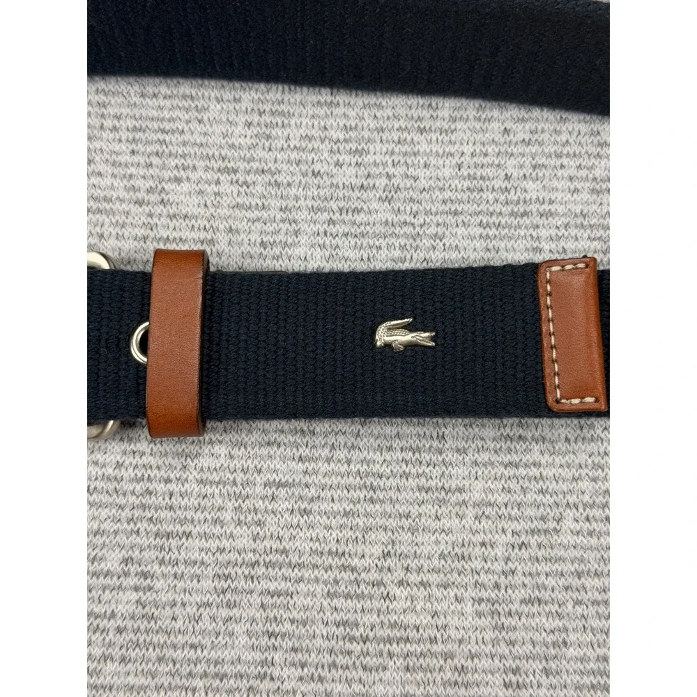Lacoste Mens Navy Blue Webbed Belt Brown Leather Trim Logo Size 36